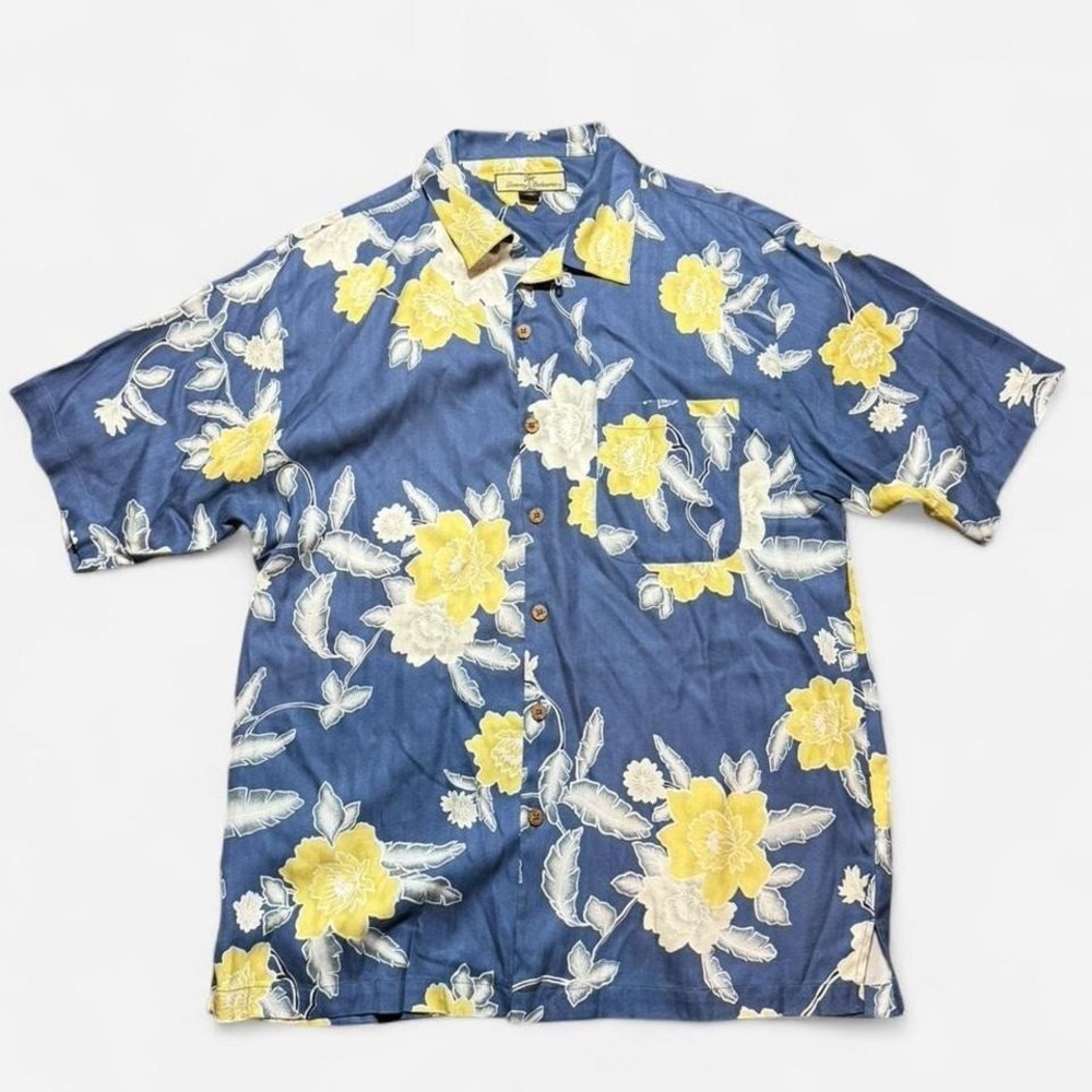 Tommy Bahama Hawaiian Floral Silk Blue/Yellow Short Sleeve Button Up Size M